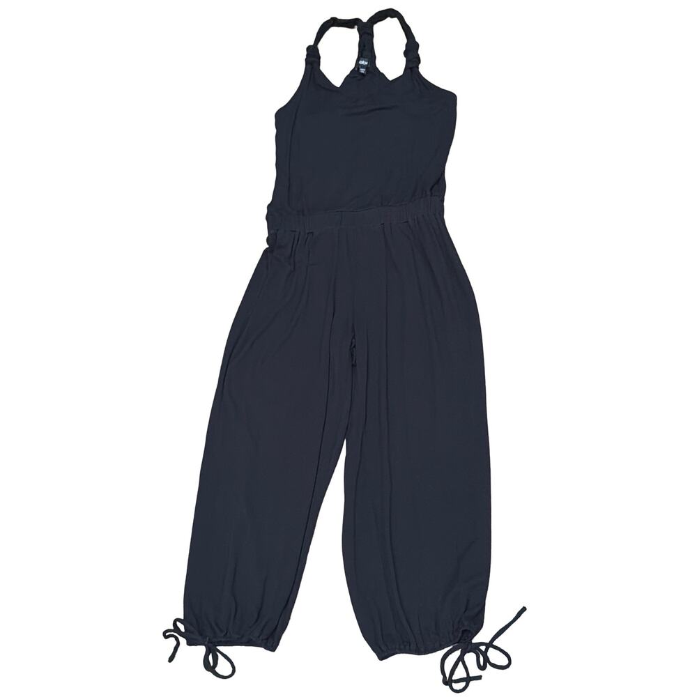 Y2K Bebe Halter barrel leg jumpsuit Black Medium stretch adjustable tie at ankle
